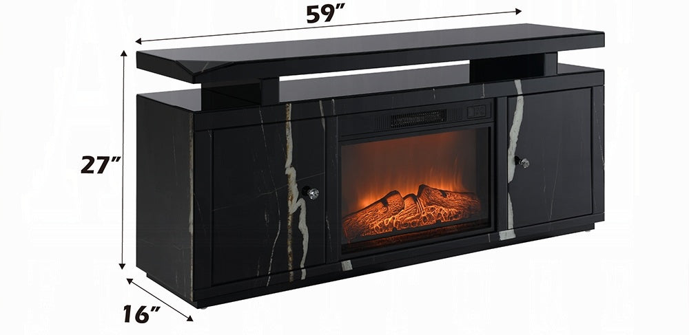 Acme LV03868 Black marbled mirror finish 59" TV stand with built in fireplace unit with remote