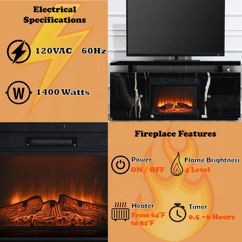 Acme LV03868 Black marbled mirror finish 59" TV stand with built in fireplace unit with remote