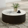 Acme LV03945  Clayten espresso finish wood 35" round marble top coffee table ribbed design and gold metal accents