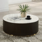 Acme LV03945  Clayten espresso finish wood 35" round marble top coffee table ribbed design and gold metal accents