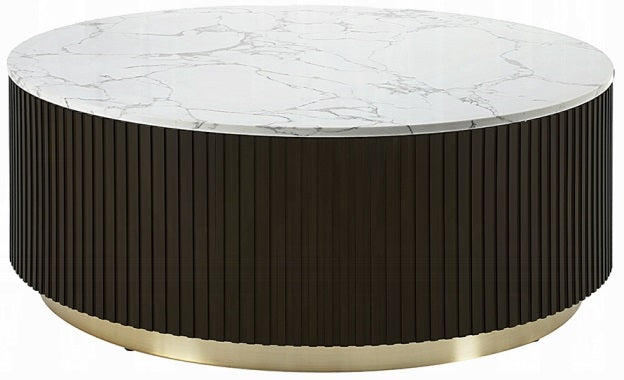 Acme LV03945  Clayten espresso finish wood 35" round marble top coffee table ribbed design and gold metal accents