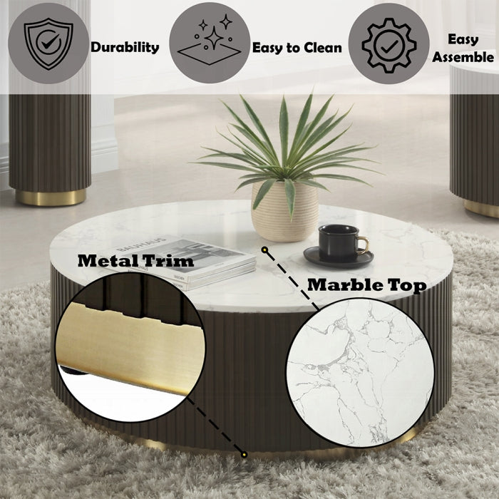 Acme LV03945  Clayten espresso finish wood 35" round marble top coffee table ribbed design and gold metal accents