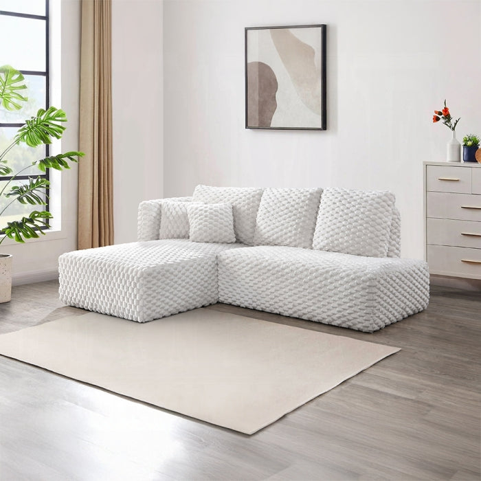 Acme LV04260 2 pc Manya ivory corduroy fabric 97" modern low rise sectional sofa with chaise and pillows