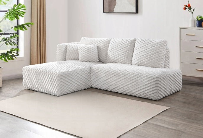 Acme LV04260 2 pc Manya ivory corduroy fabric 97" modern low rise sectional sofa with chaise and pillows