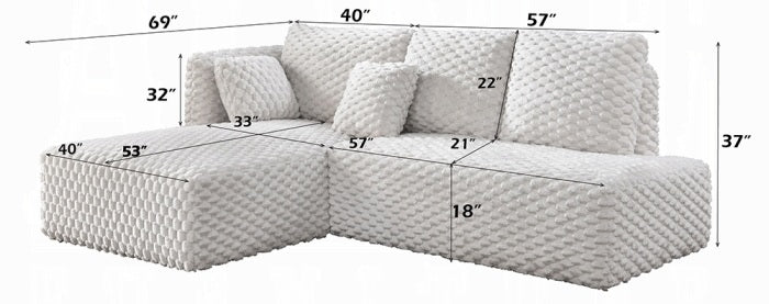 Acme LV04260 2 pc Manya ivory corduroy fabric 97" modern low rise sectional sofa with chaise and pillows