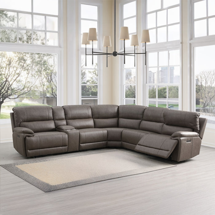 Acme LV04270 6 PC Kantu brown faux leather power motion sectional sofa with power adjustable headrests and cup console USB charging