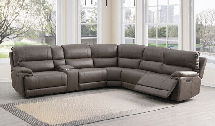 Acme LV04270 6 PC Kantu brown faux leather power motion sectional sofa with power adjustable headrests and cup console USB charging