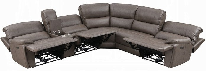 Acme LV04270 6 PC Kantu brown faux leather power motion sectional sofa with power adjustable headrests and cup console USB charging