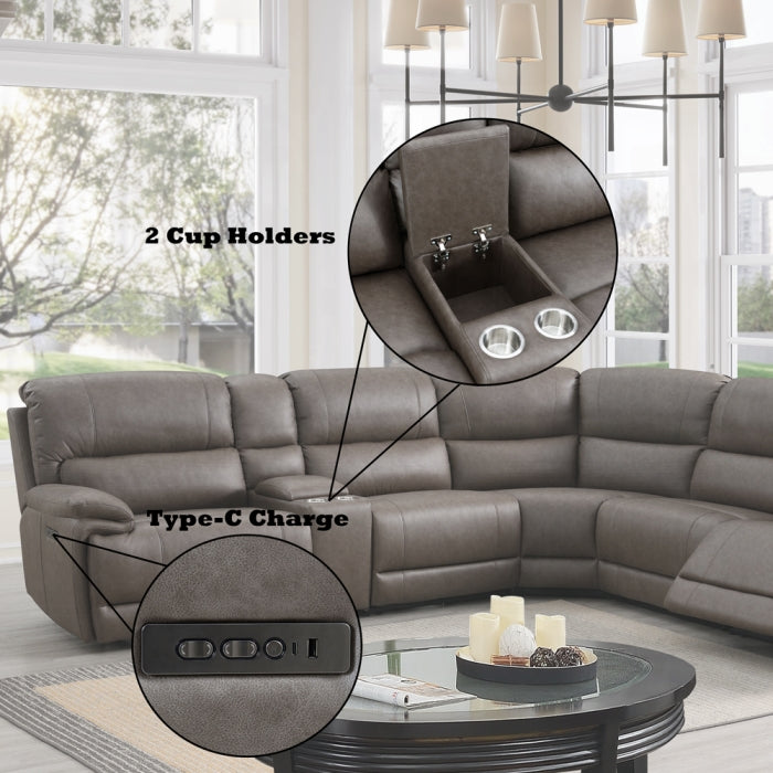 Acme LV04270 6 PC Kantu brown faux leather power motion sectional sofa with power adjustable headrests and cup console USB charging
