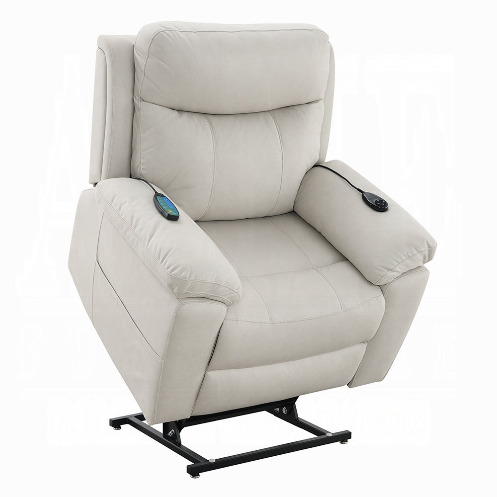 Acme LV04271 Chriki beige polished microfiber power lift recliner chair with heat and massage