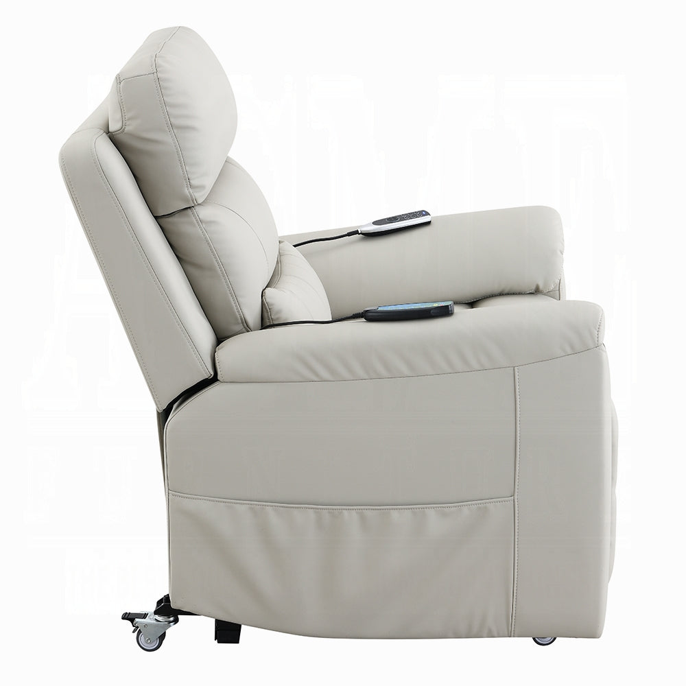 Acme LV04273 Marsha light grey faux leather power lift recliner chair with heat and massage zero gravity