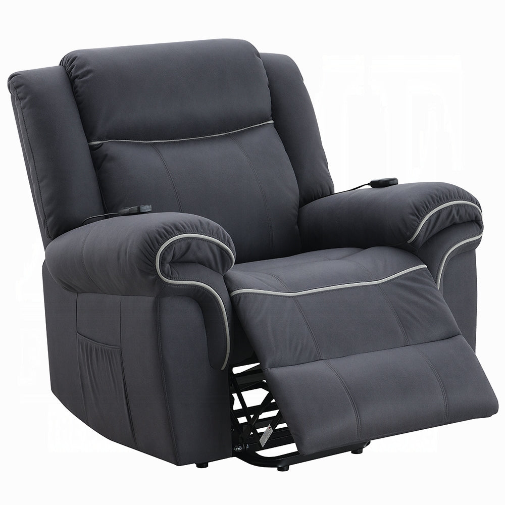 Acme LV04274 Domana dark blue polished microfiber power lift recliner chair with heat and massage