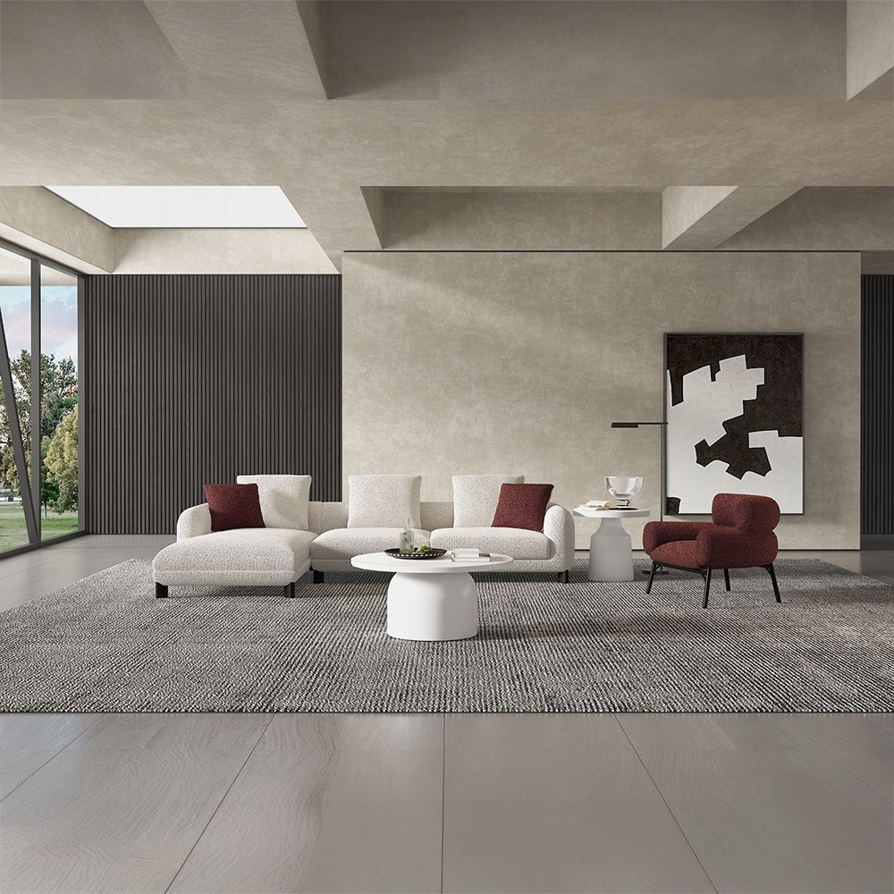 Acme LV04280 2 pc Mardi beige boucle fabric 120" modern low rise sectional sofa with chaise and pillows