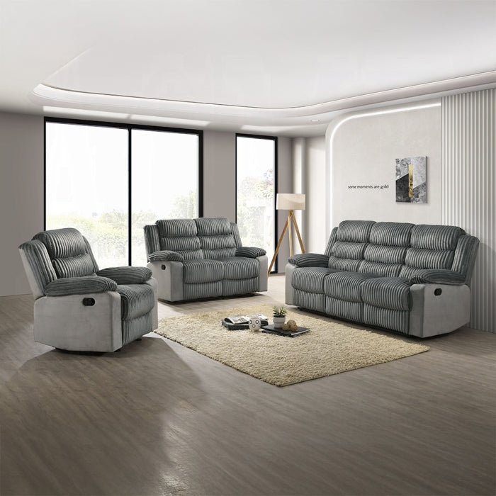 Acme LV04620-21 2 pc Lesley grey corduroy and velvet sofa and love seat set recliner ends