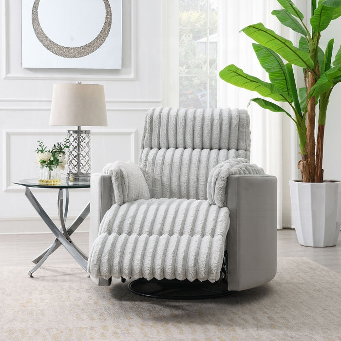 Acme LV04640 Emee grey wide fluffy corduroy fabric recliner glider swivel chair with overstuffed arms