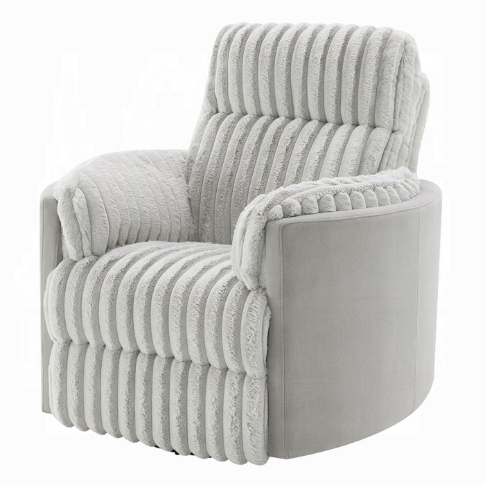 Acme LV04640 Emee grey wide fluffy corduroy fabric recliner glider swivel chair with overstuffed arms