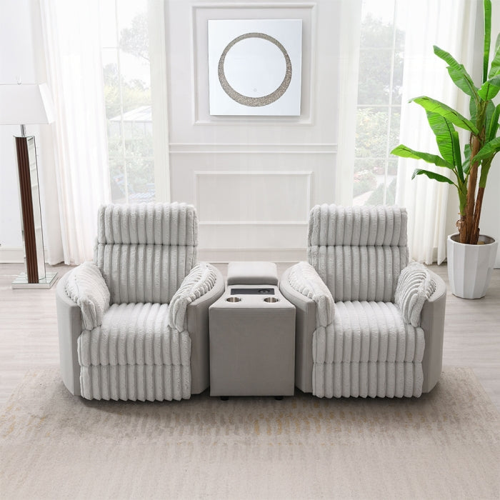 Acme LV04640-41 3 pc Emee grey wide fluffy corduroy fabric recliner glider swivel chair with overstuffed arms and USB console