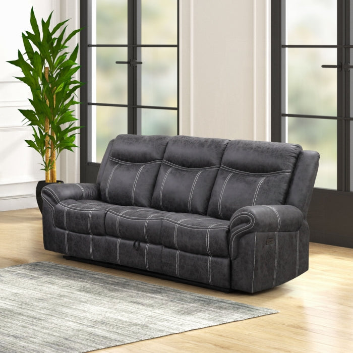 Acme LV04670-71 2 pc Zubaida dark grey polished microfiber sofa and love seat set power motion recliner ends drop down table