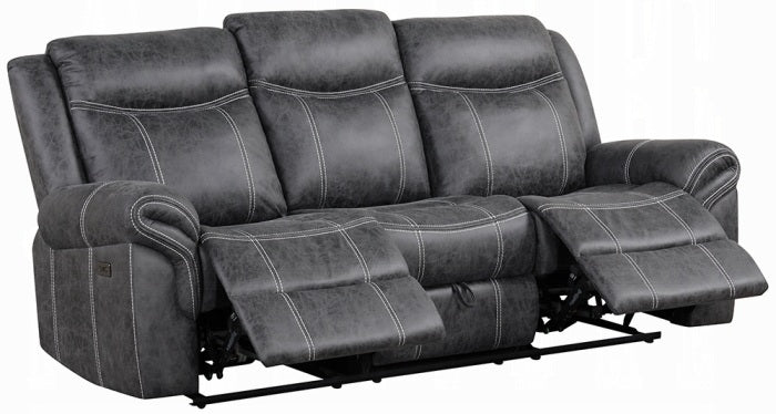 Acme LV04670-71 2 pc Zubaida dark grey polished microfiber sofa and love seat set power motion recliner ends drop down table