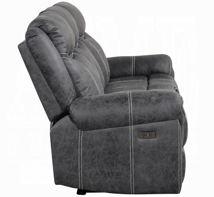 Acme LV04670-71 2 pc Zubaida dark grey polished microfiber sofa and love seat set power motion recliner ends drop down table