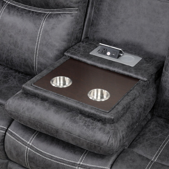 Acme LV04670-71 2 pc Zubaida dark grey polished microfiber sofa and love seat set power motion recliner ends drop down table