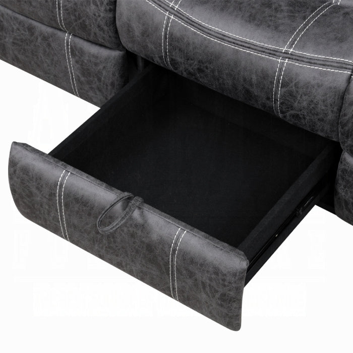 Acme LV04670-71 2 pc Zubaida dark grey polished microfiber sofa and love seat set power motion recliner ends drop down table