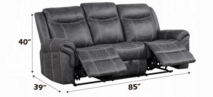 Acme LV04670-71 2 pc Zubaida dark grey polished microfiber sofa and love seat set power motion recliner ends drop down table