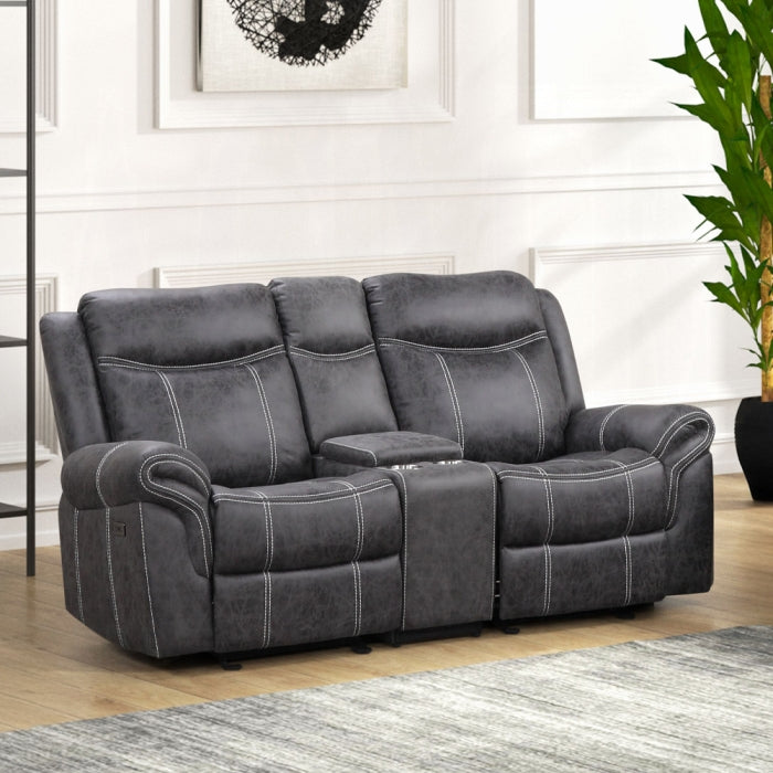 Acme LV04670-71 2 pc Zubaida dark grey polished microfiber sofa and love seat set power motion recliner ends drop down table