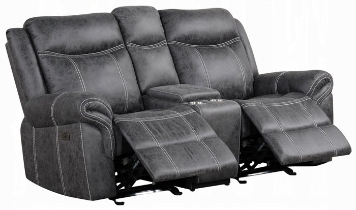Acme LV04670-71 2 pc Zubaida dark grey polished microfiber sofa and love seat set power motion recliner ends drop down table