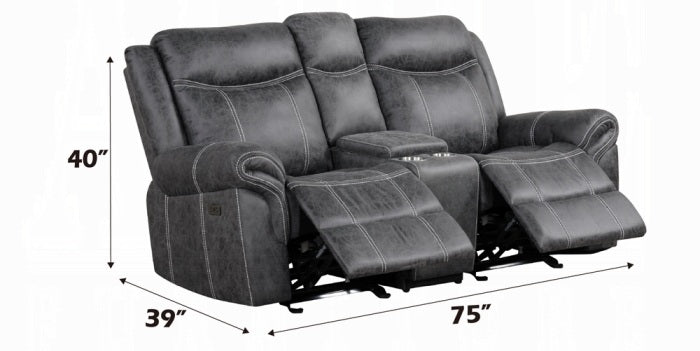 Acme LV04670-71 2 pc Zubaida dark grey polished microfiber sofa and love seat set power motion recliner ends drop down table