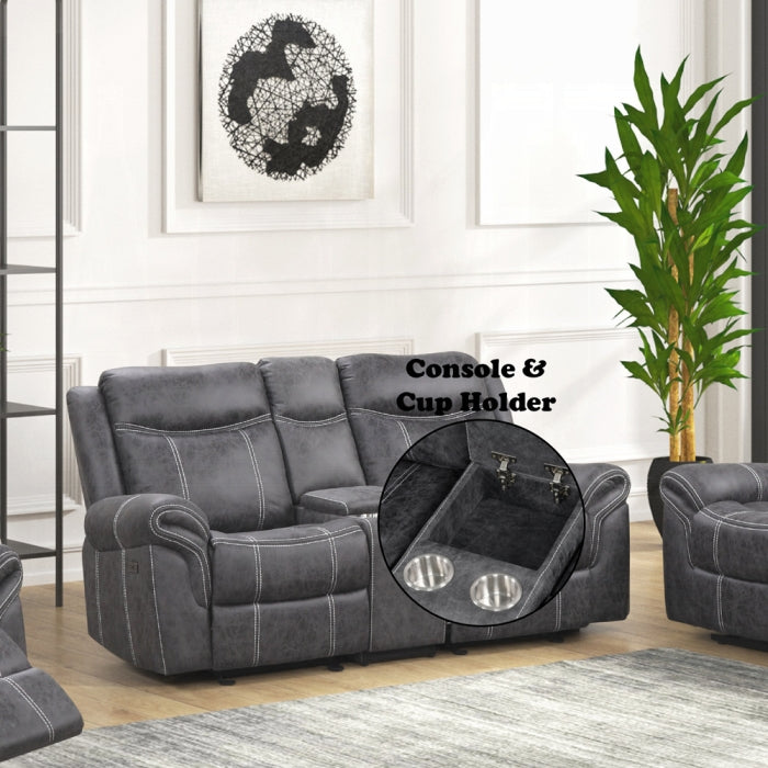 Acme LV04670-71 2 pc Zubaida dark grey polished microfiber sofa and love seat set power motion recliner ends drop down table