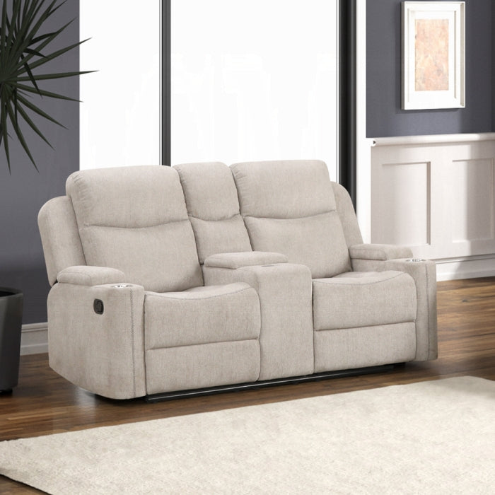 Acme LV04680-81 pc Galya light grey chenille sofa and love seat set motion recliner ends storage arms and cup console