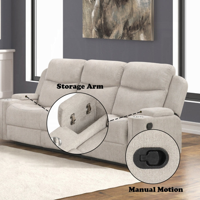 Acme LV04680-81 pc Galya light grey chenille sofa and love seat set motion recliner ends storage arms and cup console