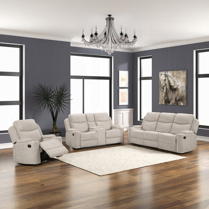 Acme LV04680-81 pc Galya light grey chenille sofa and love seat set motion recliner ends storage arms and cup console