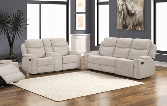 Acme LV04680-81 pc Galya light grey chenille sofa and love seat set motion recliner ends storage arms and cup console