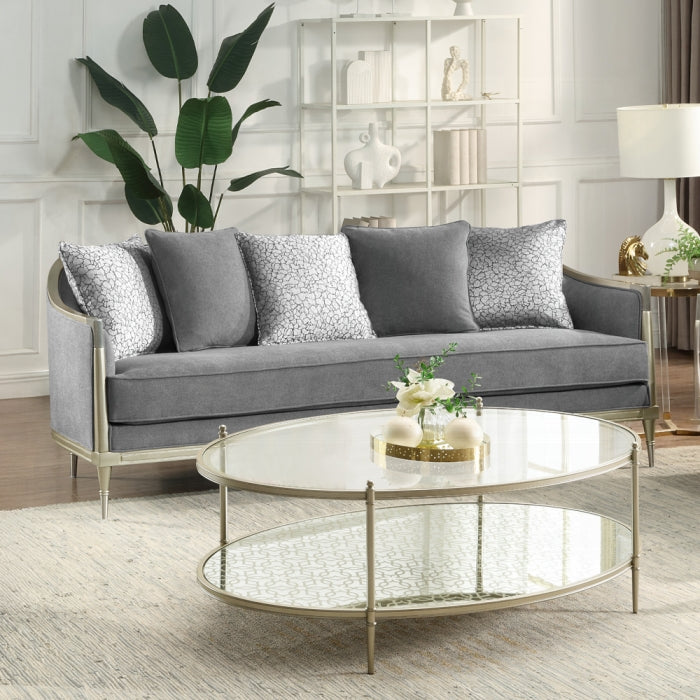 Acme LV04820-21 2 pc Fernando grey chenille fabric champagne finish wood sofa and love seat set