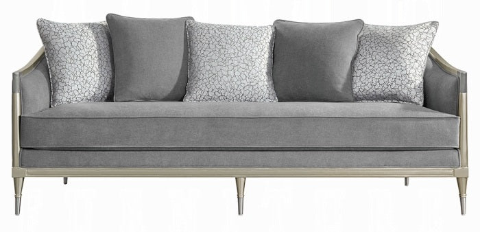 Acme LV04820-21 2 pc Fernando grey chenille fabric champagne finish wood sofa and love seat set