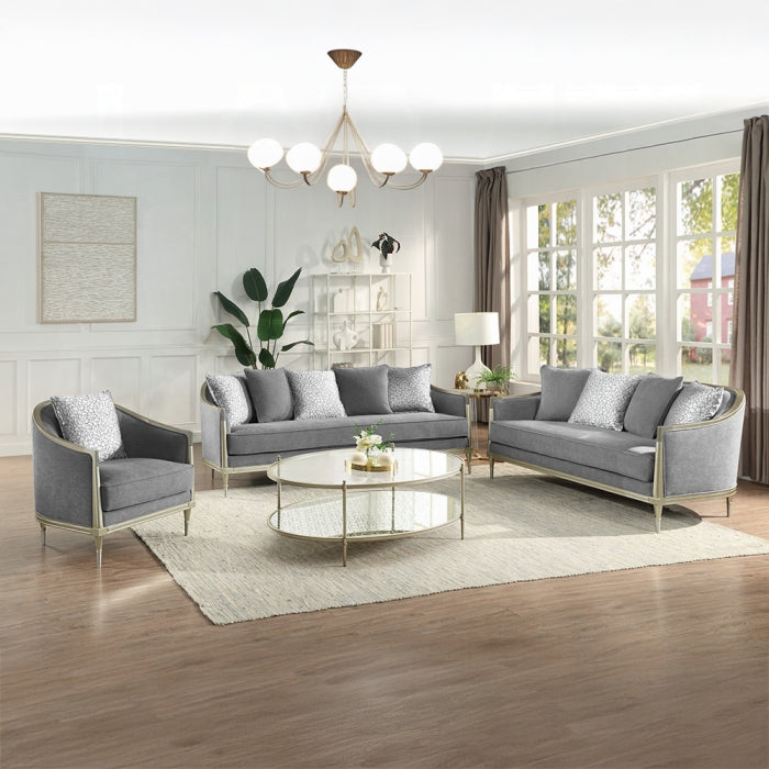 Acme LV04820-21 2 pc Fernando grey chenille fabric champagne finish wood sofa and love seat set