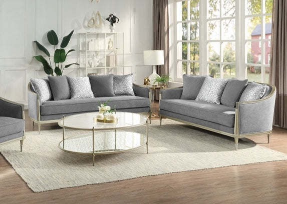 Acme LV04820-21 2 pc Fernando grey chenille fabric champagne finish wood sofa and love seat set