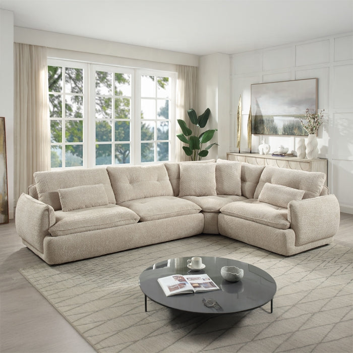 Acme LV04840 3 pc Jonina beige chenille fabric 127" modern low rise sectional sofa with chaise and pillows