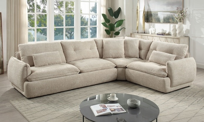 Acme LV04840 3 pc Jonina beige chenille fabric 127" modern low rise sectional sofa with chaise and pillows