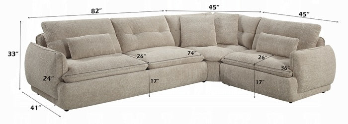 Acme LV04840 3 pc Jonina beige chenille fabric 127" modern low rise sectional sofa with chaise and pillows