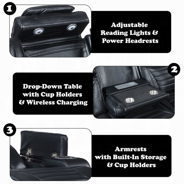 Acme LV06080-81  2 pc Ephron black faux leather sofa and love seat set power motion recliner ends and power headrests drop down table LED USB