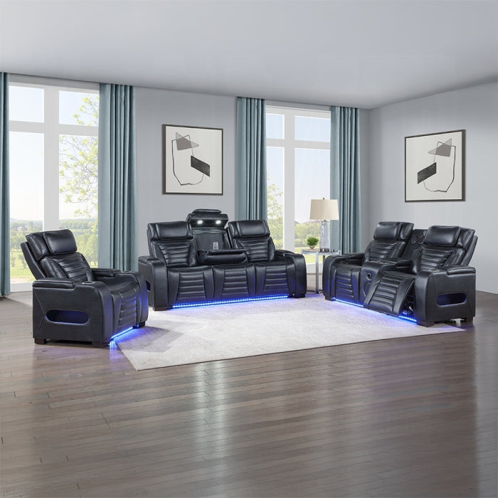 Acme LV06080-81  2 pc Ephron black faux leather sofa and love seat set power motion recliner ends and power headrests drop down table LED USB