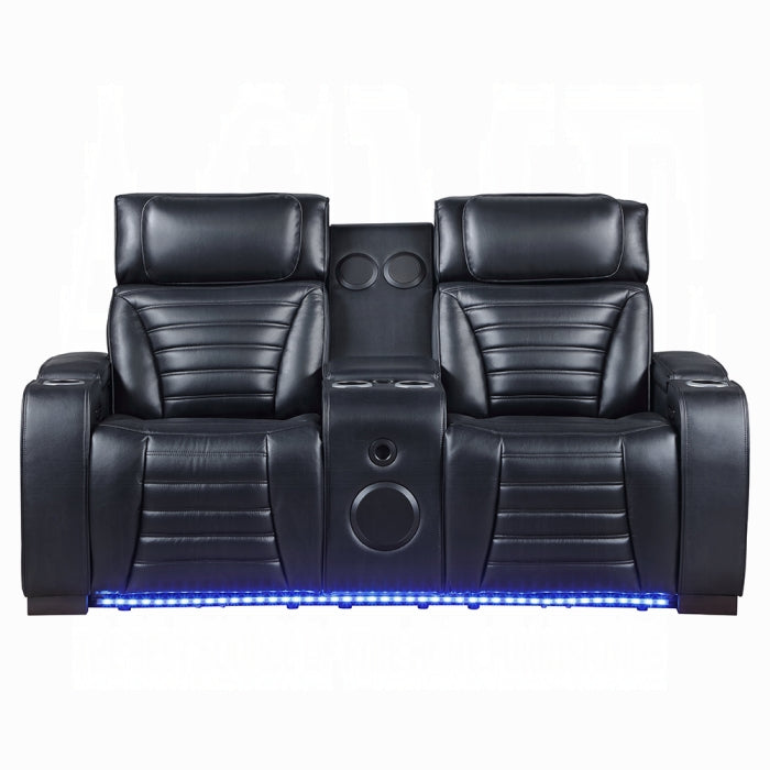 Acme LV06080-81  2 pc Ephron black faux leather sofa and love seat set power motion recliner ends and power headrests drop down table LED USB