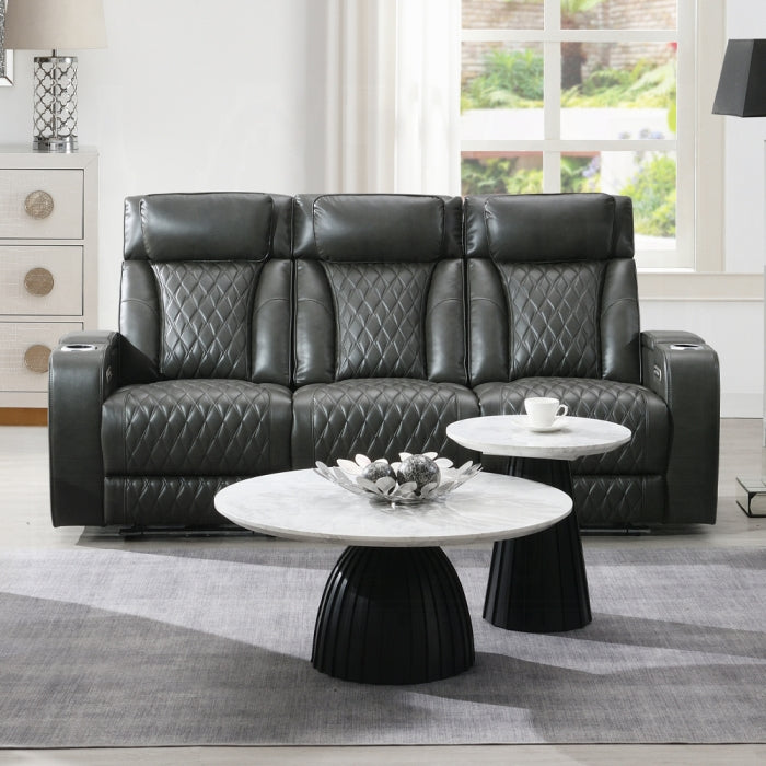 Acme LV06230-31  2 pc Taddeo dark grey faux leather sofa and love seat set power motion recliner ends and power headrests drop down table