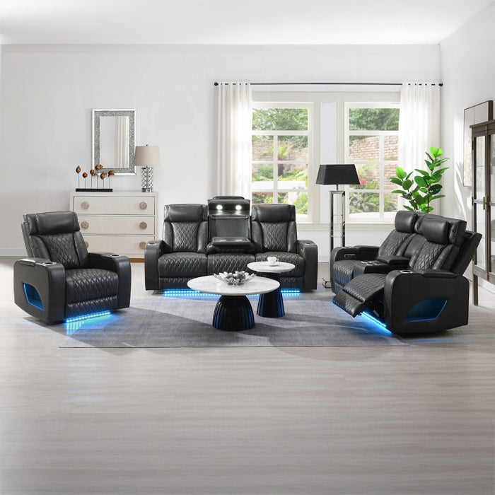 Acme LV06230-31  2 pc Taddeo dark grey faux leather sofa and love seat set power motion recliner ends and power headrests drop down table