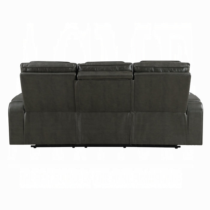 Acme LV06230-31  2 pc Taddeo dark grey faux leather sofa and love seat set power motion recliner ends and power headrests drop down table