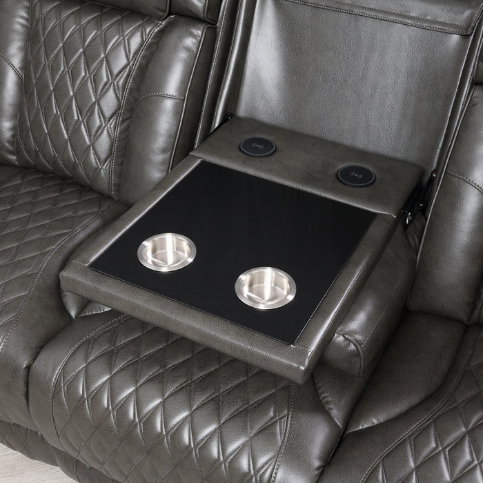 Acme LV06230-31  2 pc Taddeo dark grey faux leather sofa and love seat set power motion recliner ends and power headrests drop down table