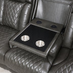 Acme LV06230-31  2 pc Taddeo dark grey faux leather sofa and love seat set power motion recliner ends and power headrests drop down table